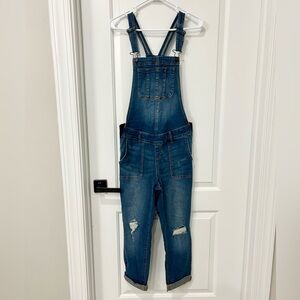 Indigo Blue Medium Wash Denim Maternity Overalls with Contrast Stitching | Small
